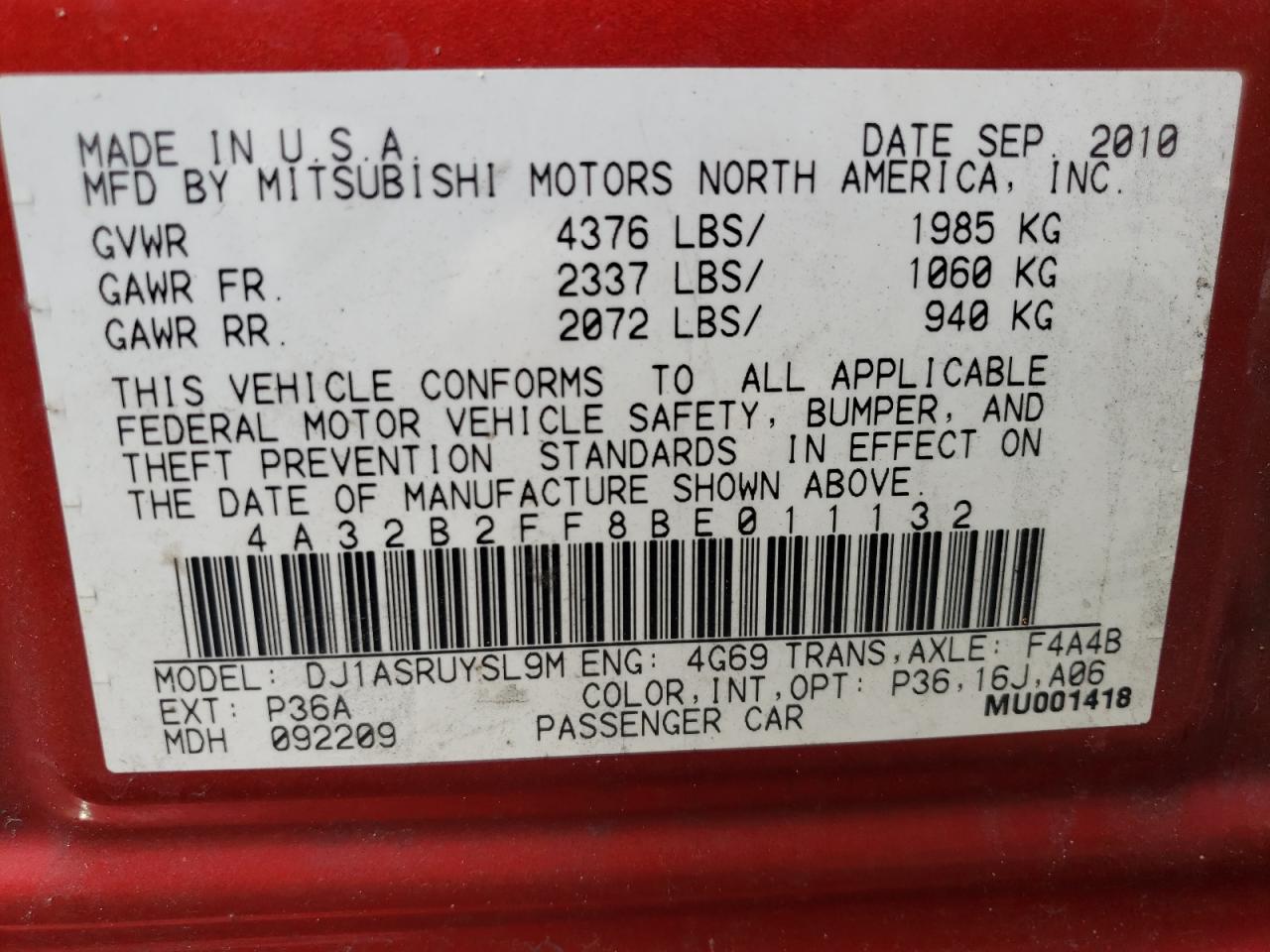 Photo 10 from auction – 2011 MITSUBISHI GALANT FE with VIN 4A32B2FF8BE011132