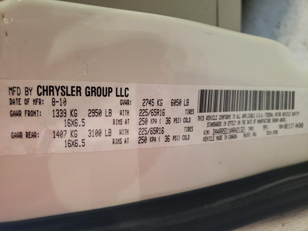 Photo 10 from auction – 2010 CHRYSLER TOWN & COU with VIN 2A4RR5D1XAR421321