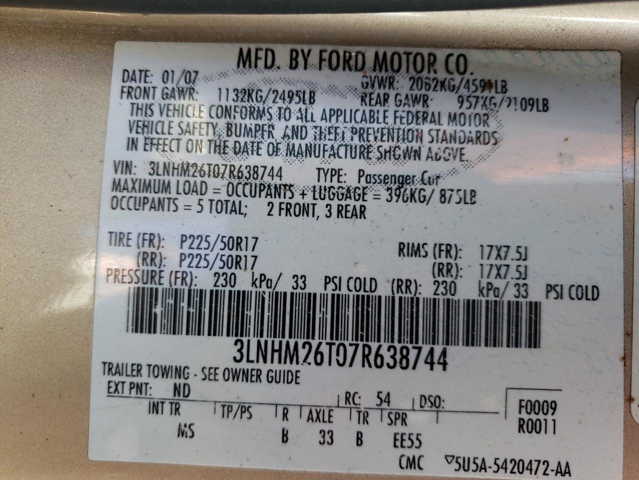 Photo 10 from auction – 2007 LINCOLN MKZ with VIN 3LNHM26T07R638744