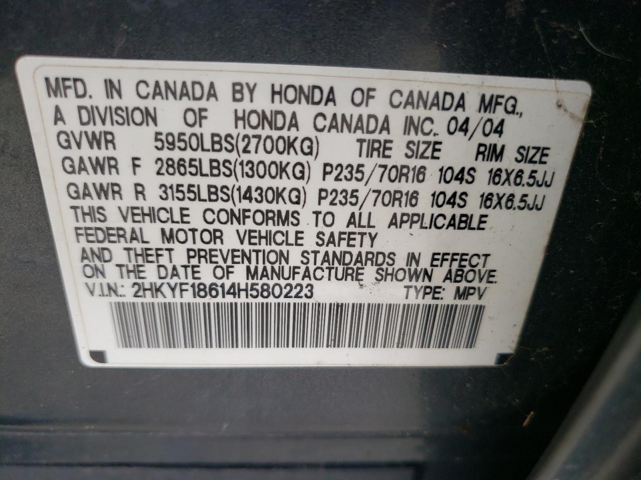 Photo 10 from auction – 2004 HONDA PILOT EXL with VIN 2HKYF18614H580223