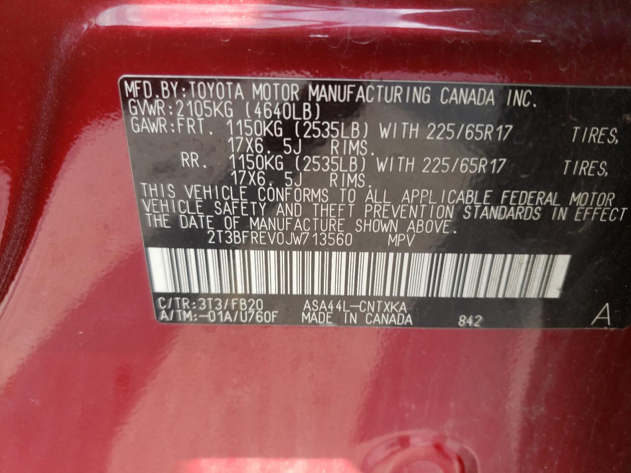 Photo 10 from auction – 2018 TOYOTA RAV4 LE with VIN 2T3BFREV0JW713560