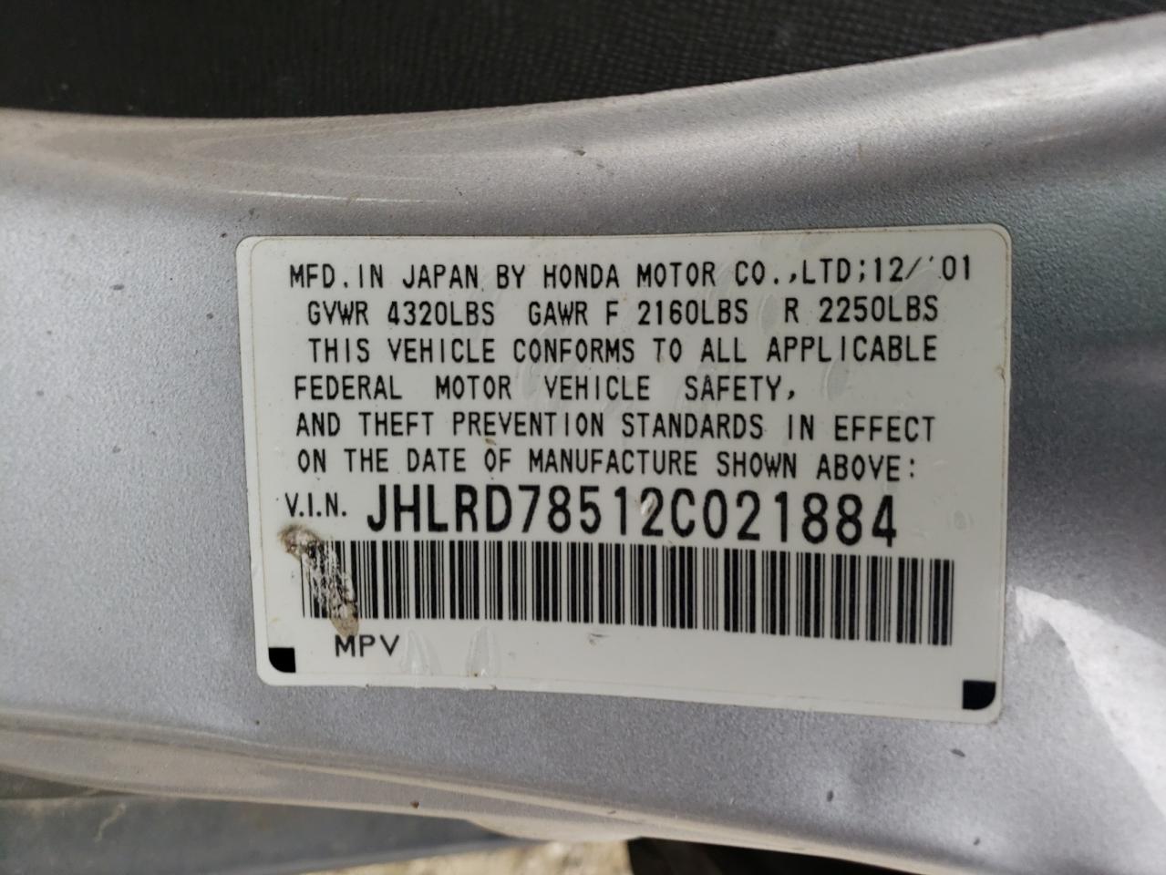 Photo 10 from auction – 2002 HONDA CR-V LX with VIN JHLRD78512C021884