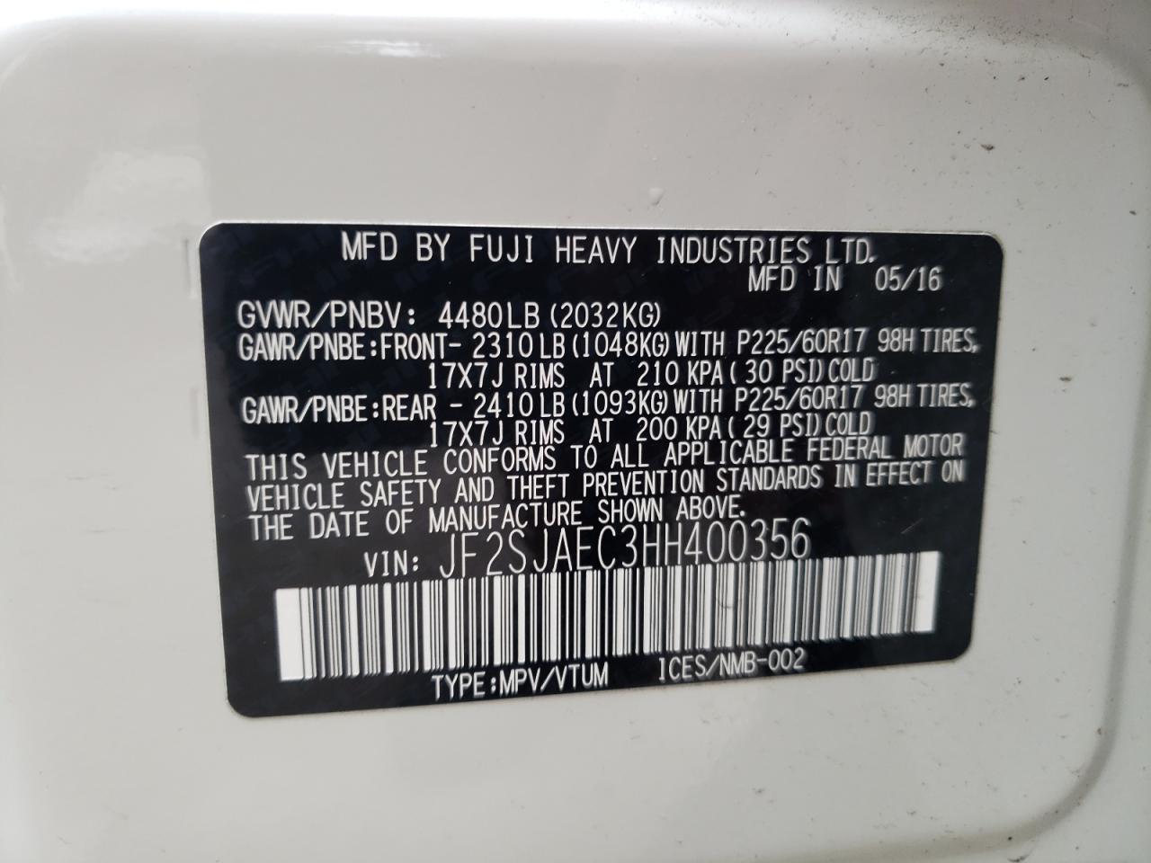 Photo 10 from auction – 2017 SUBARU FORESTER 2 with VIN JF2SJAEC3HH400356