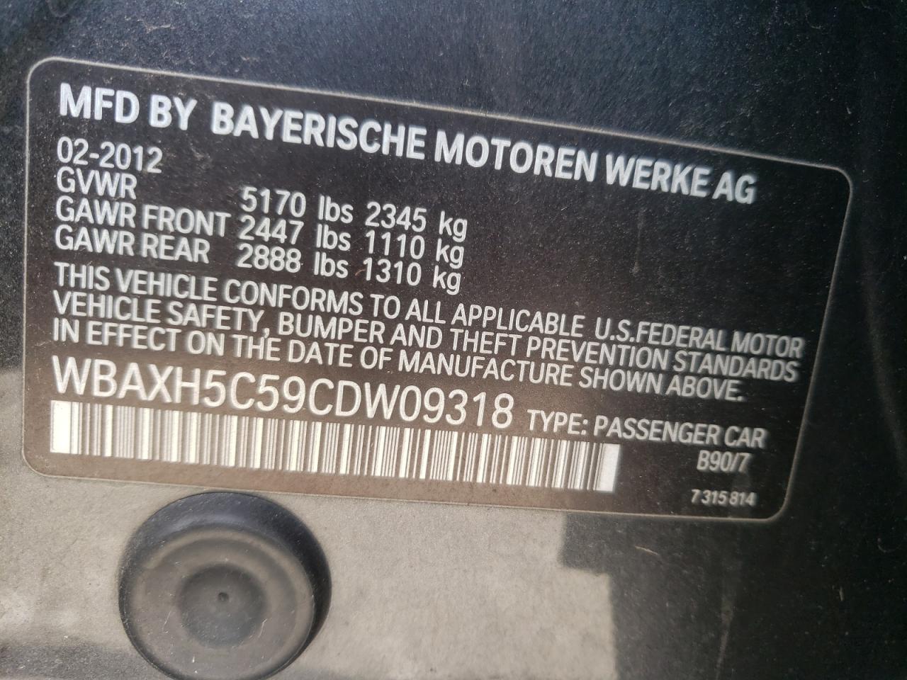 Photo 10 from auction – 2012 BMW 528 with VIN WBAXH5C59CDW09318