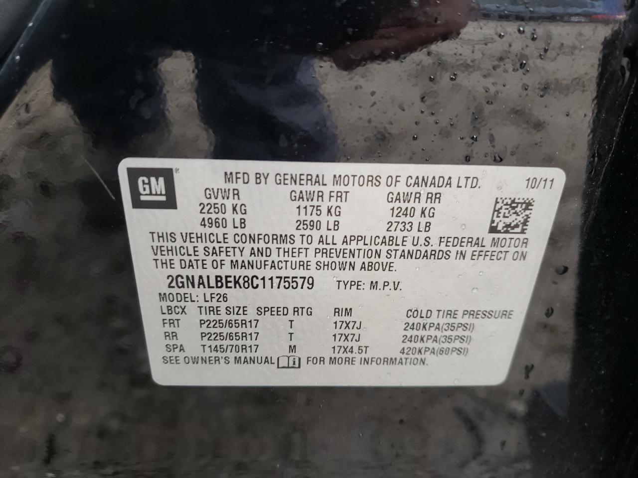 Photo 10 from auction – 2012 CHEVROLET EQUINOX LS with VIN 2GNALBEK8C1175579