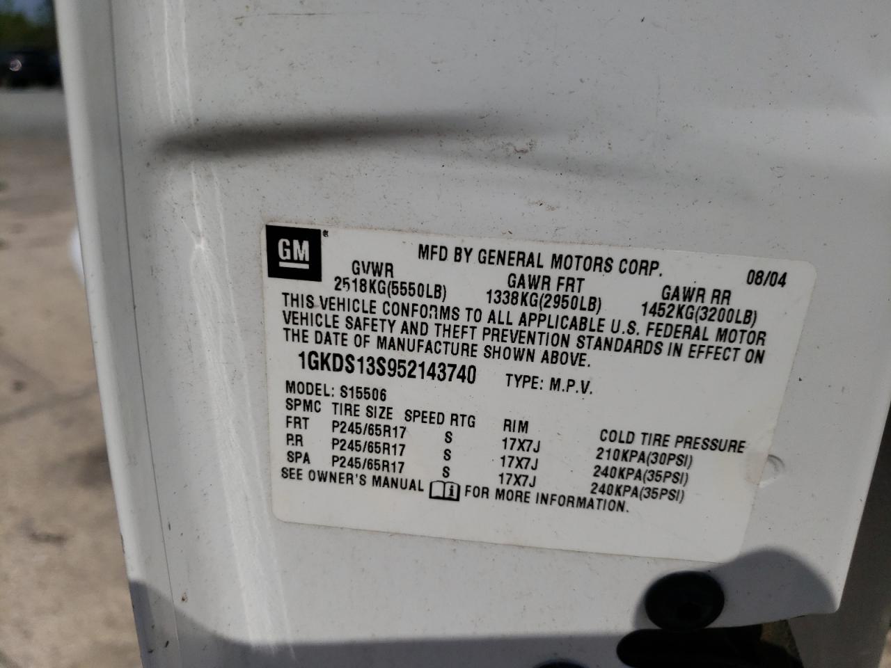 Photo 10 from auction – 2005 GMC ENVOY with VIN 1GKDS13S952143740