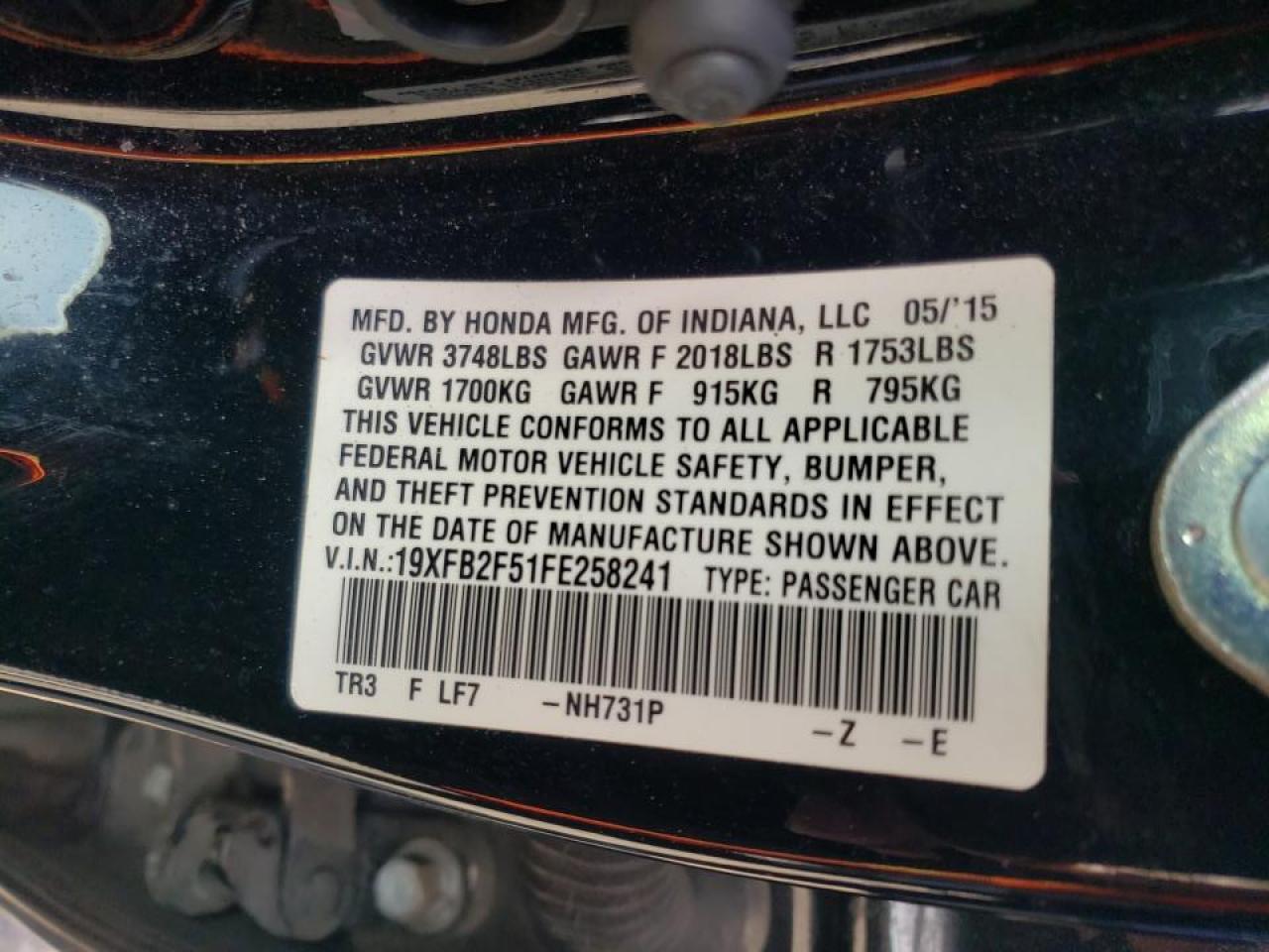 Photo 10 from auction – 2015 HONDA CIVIC LX with VIN 19XFB2F51FE258241