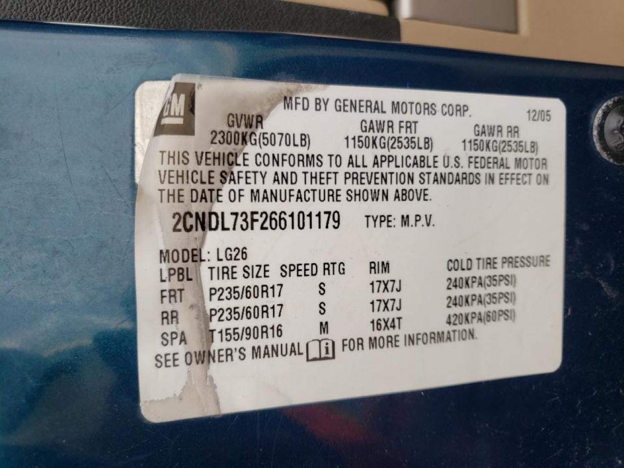 Photo 10 from auction – 2006 CHEVROLET EQUINOX LT with VIN 2CNDL73F266101179