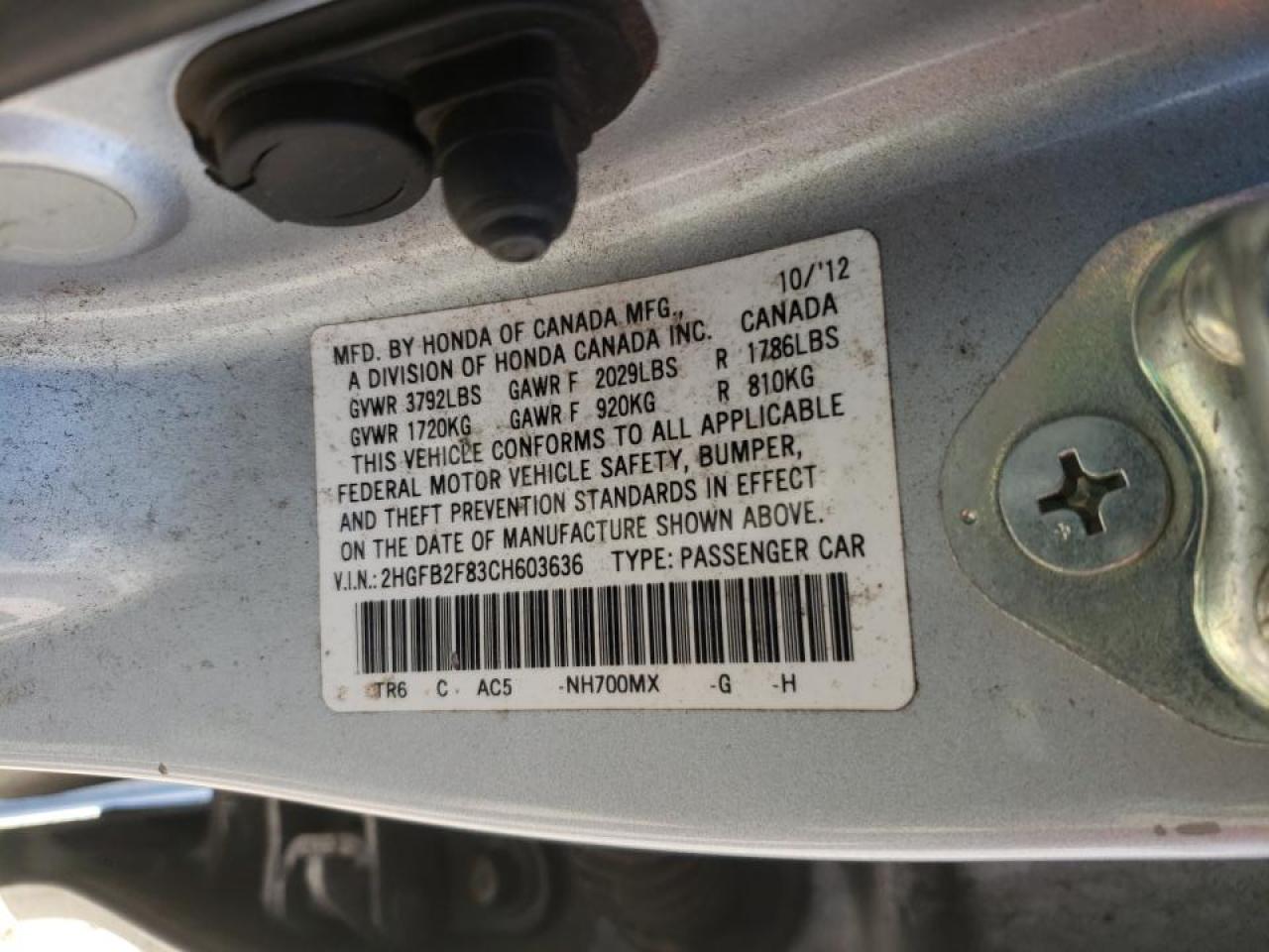 Photo 10 from auction – 2012 HONDA CIVIC EX with VIN 2HGFB2F83CH603636