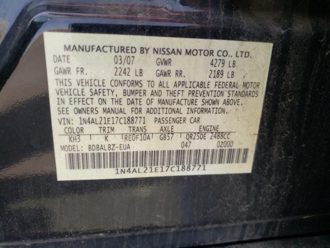 Photo 10 from auction – 2007 NISSAN ALTIMA 2.5 with VIN 1N4AL21E17C188771