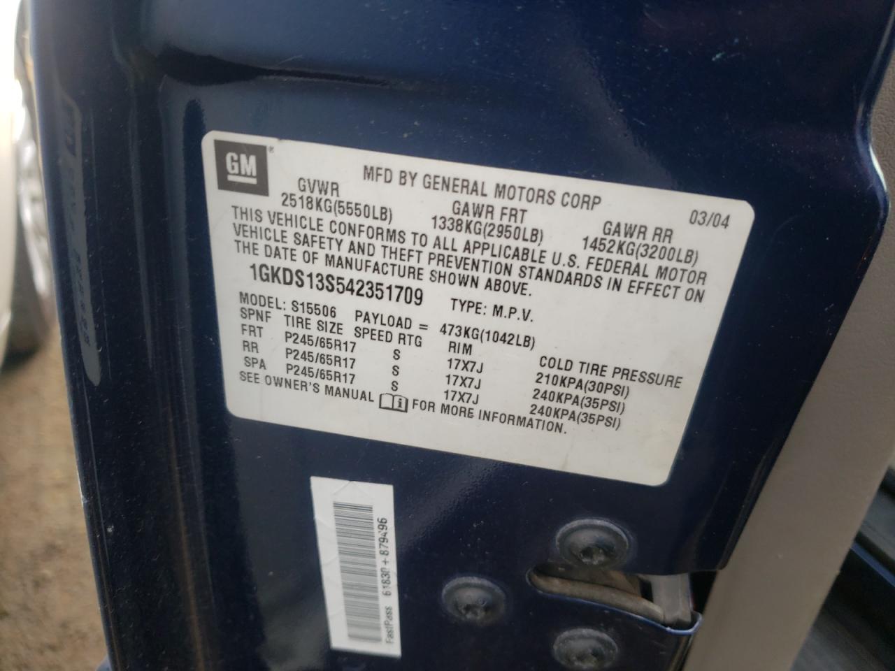 Photo 10 from auction – 2004 GMC ENVOY with VIN 1GKDS13S542351709