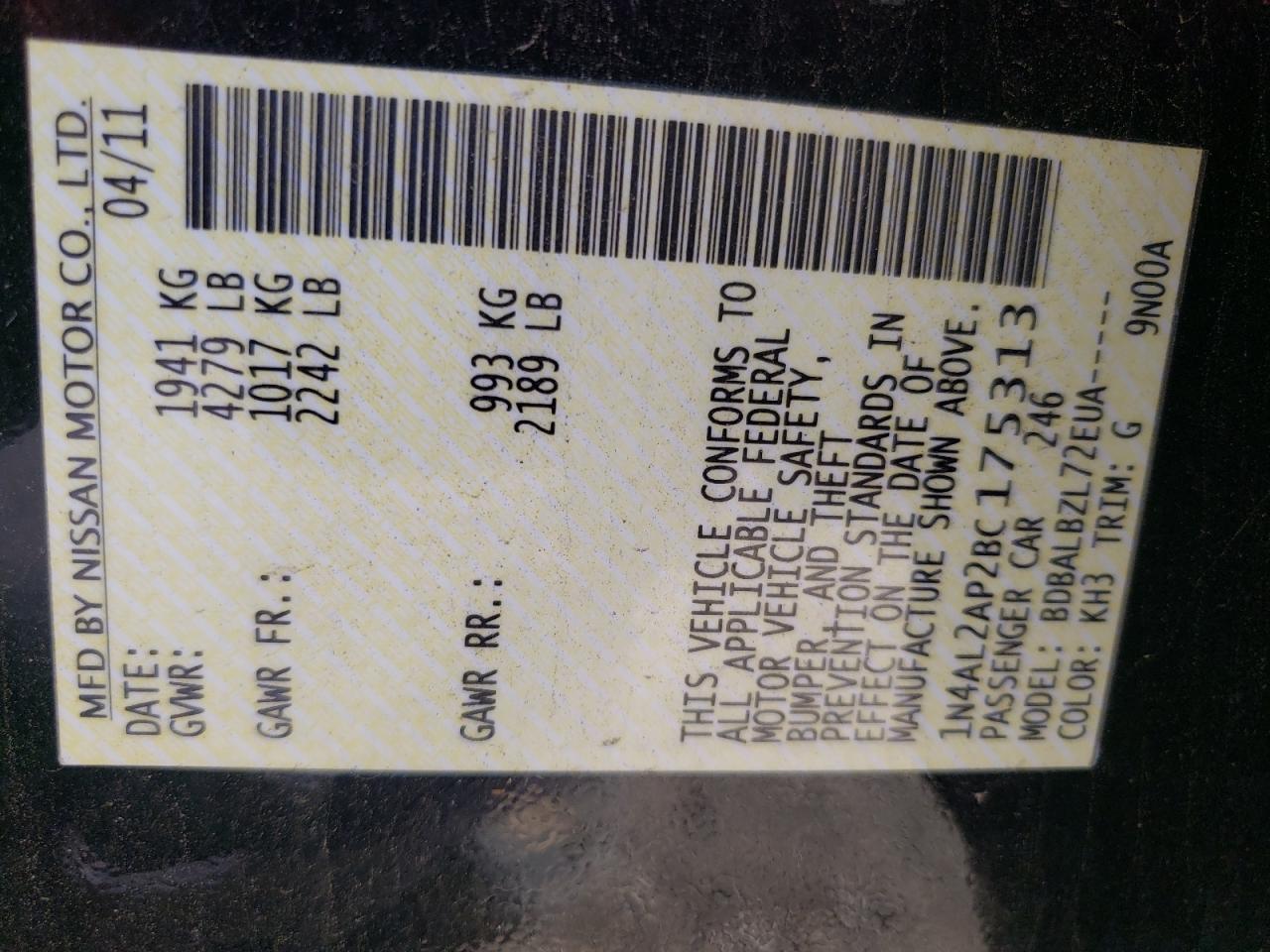 Photo 10 from auction – 2011 NISSAN ALTIMA BAS with VIN 1N4AL2AP2BC175313