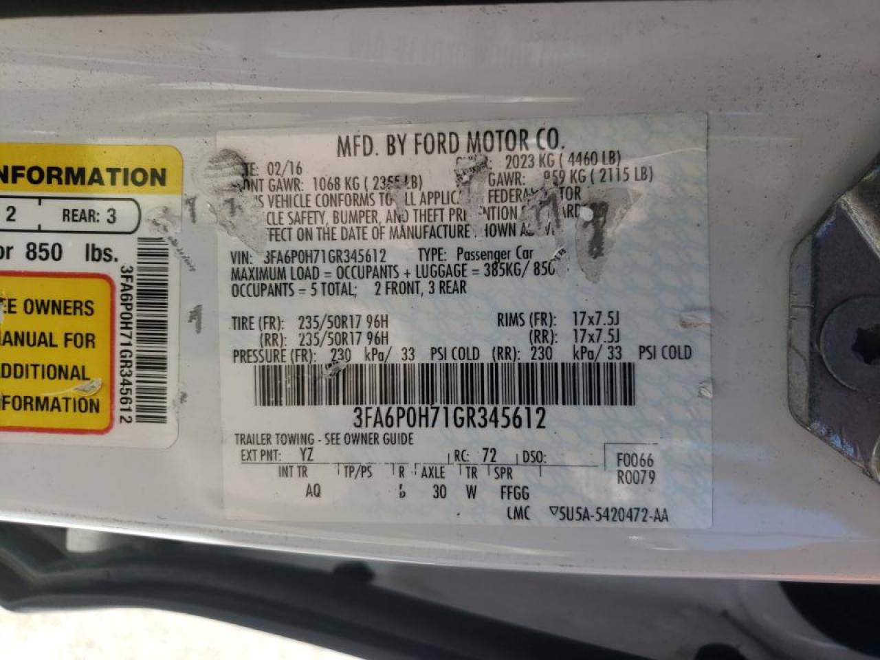 Photo 10 from auction – 2016 FORD FUSION SE with VIN 3FA6P0H71GR345612