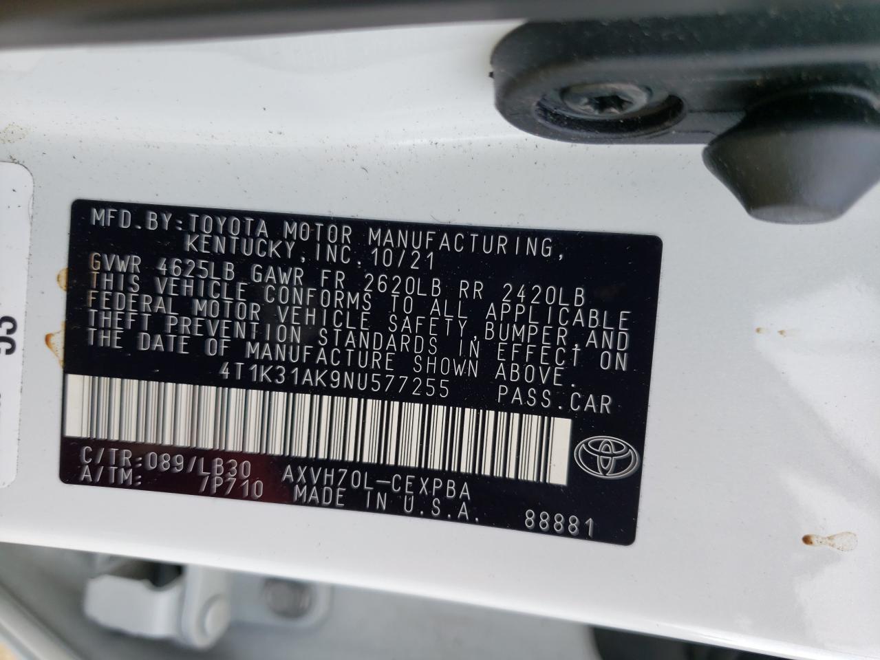 Photo 10 from auction – 2022 TOYOTA CAMRY XSE with VIN 4T1K31AK9NU577255