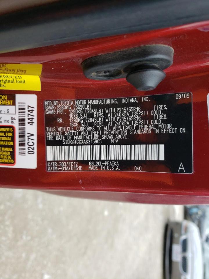Photo 10 from auction – 2010 TOYOTA SIENNA CE with VIN 5TDKK4CCXAS315905