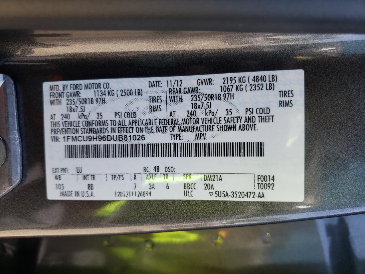 Photo 10 from auction – 2013 FORD ESCAPE SEL with VIN 1FMCU9H96DUB81026