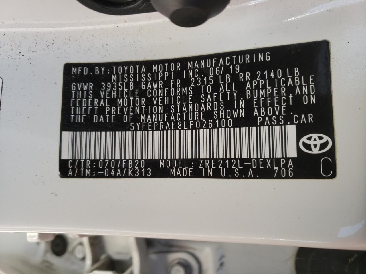 Photo 10 from auction – 2020 TOYOTA COROLLA LE with VIN 5YFEPRAE8LP026100
