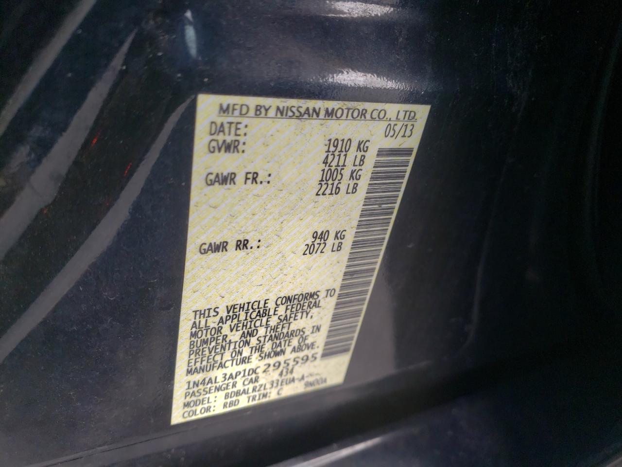 Zdjęcie 10 z aukcji – 2013 NISSAN ALTIMA 2.5 z VIN 1N4AL3AP1DC295595