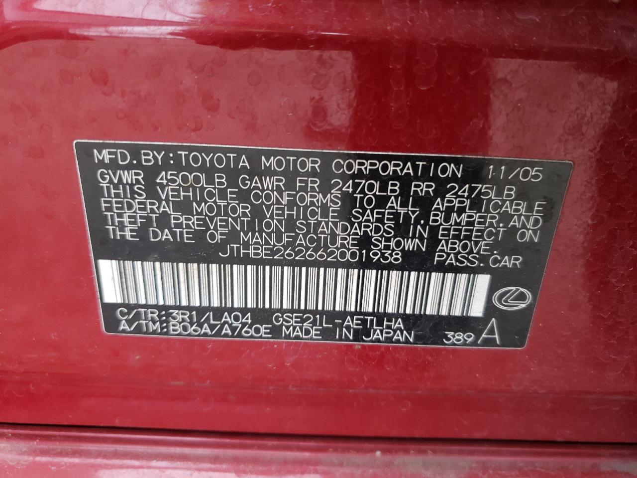 Photo 10 from auction – 2006 LEXUS IS 350 with VIN JTHBE262662001938