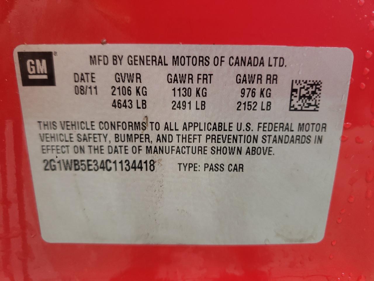Photo 10 from auction – 2012 CHEVROLET IMPALA LT with VIN 2G1WB5E34C1134418