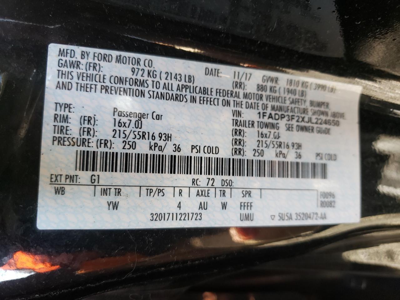 Photo 10 from auction – 2018 FORD FOCUS SE with VIN 1FADP3F2XJL224650