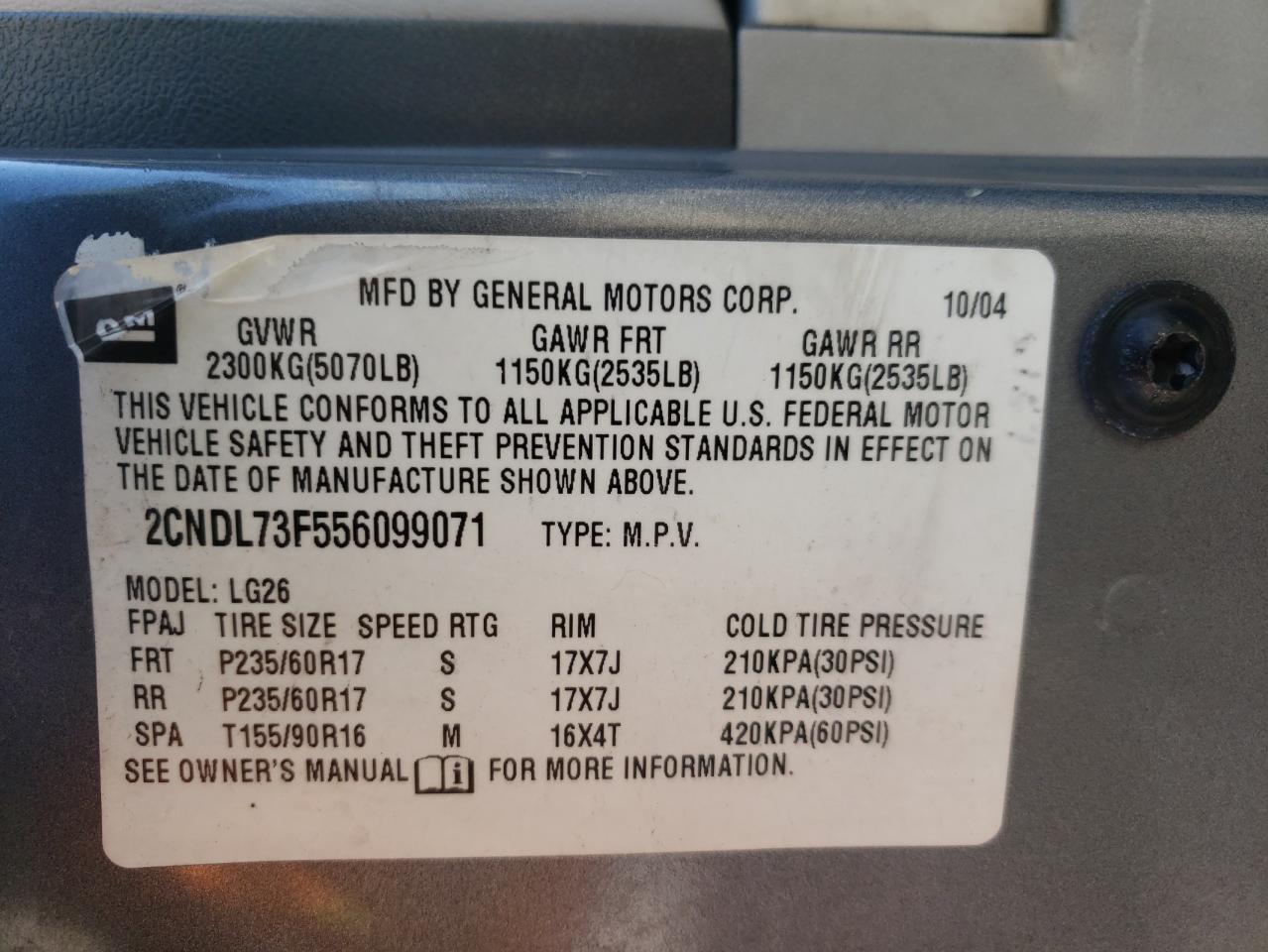 Photo 10 from auction – 2005 CHEVROLET EQUINOX with VIN 2CNDL73F556099071