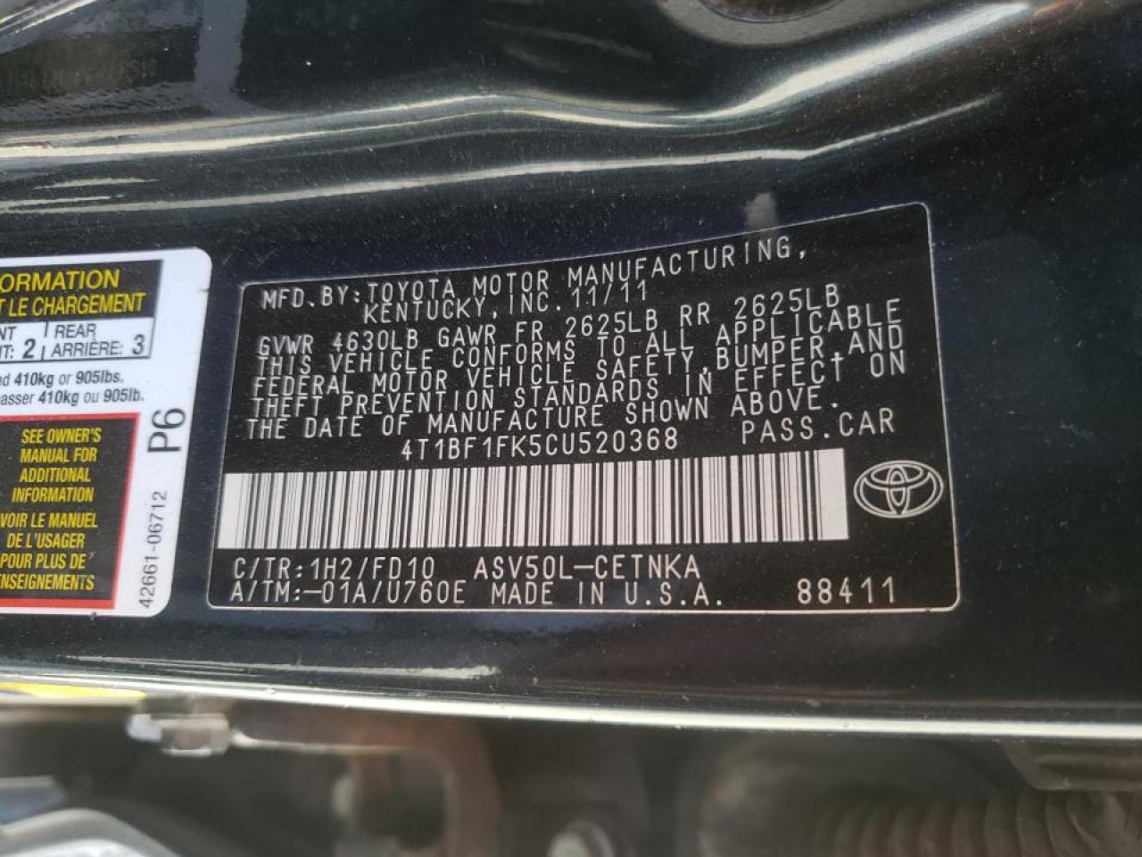 Foto 10 de la subasta – 2012 TOYOTA CAMRY BASE con VIN 4T1BF1FK5CU520368