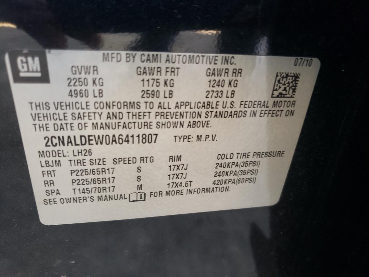 Photo 10 from auction – 2010 CHEVROLET EQUINOX LT with VIN 2CNALDEW0A6411807