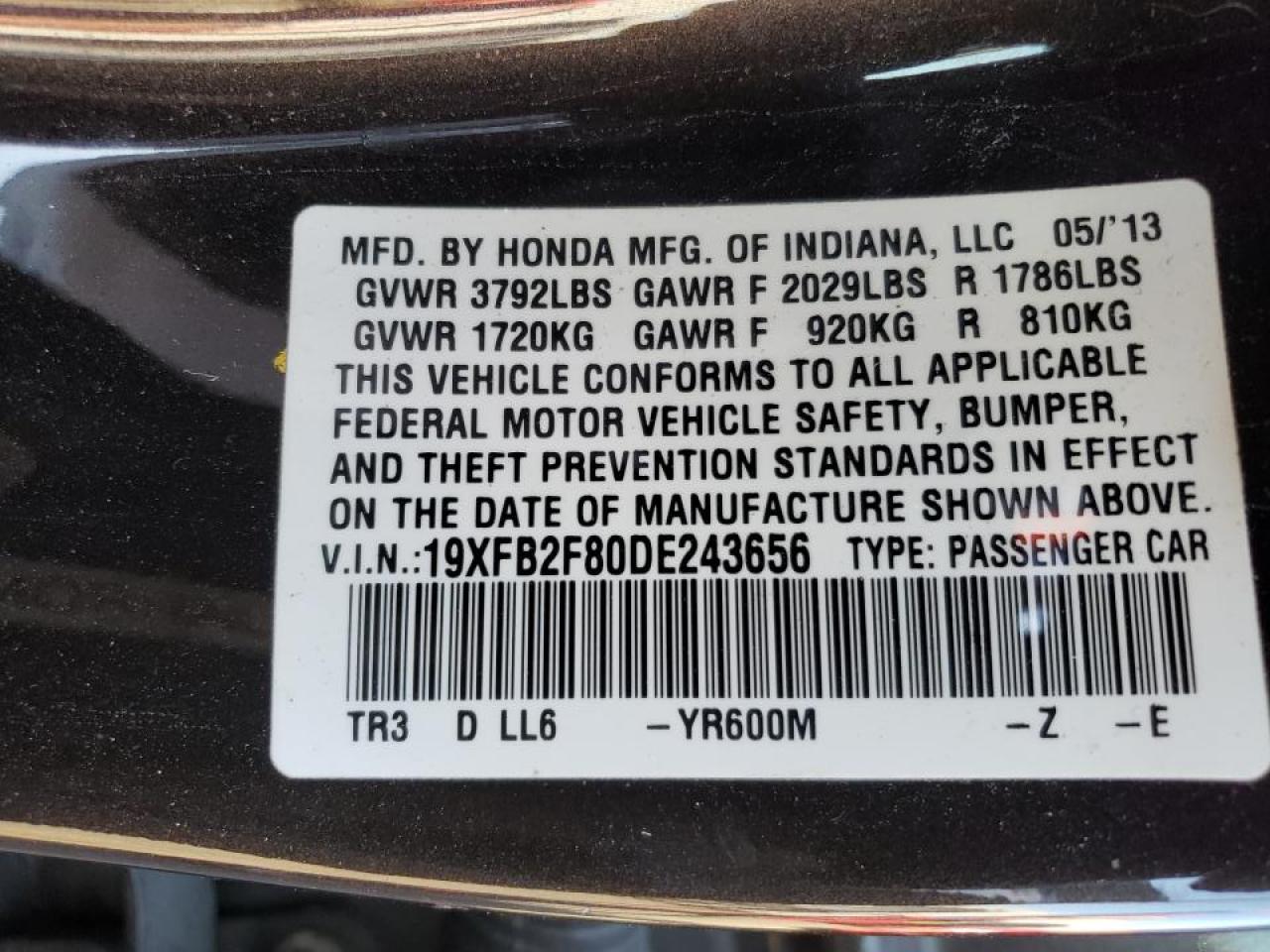 Photo 10 from auction – 2013 HONDA CIVIC EX with VIN 19XFB2F80DE243656