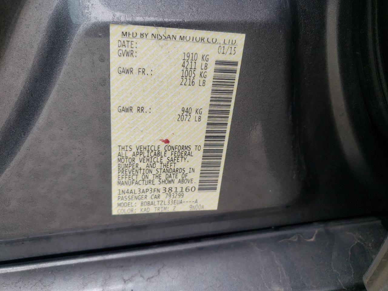Photo 10 from auction – 2015 NISSAN ALTIMA 2.5 with VIN 1N4AL3AP3FN381160