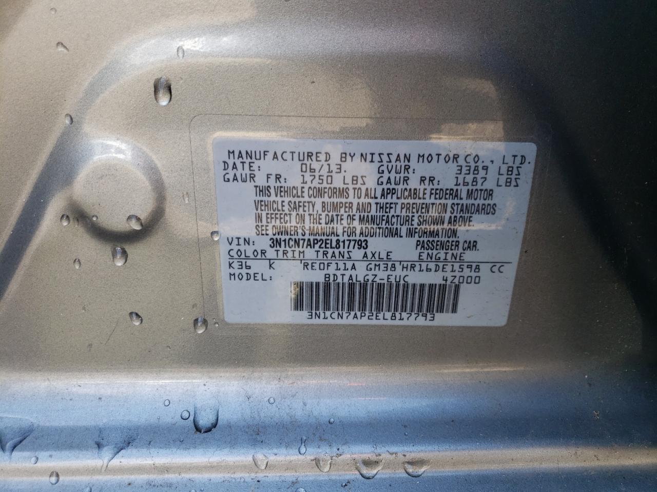 Photo 10 from auction – 2014 NISSAN VERSA with VIN 3N1CN7AP2EL817793