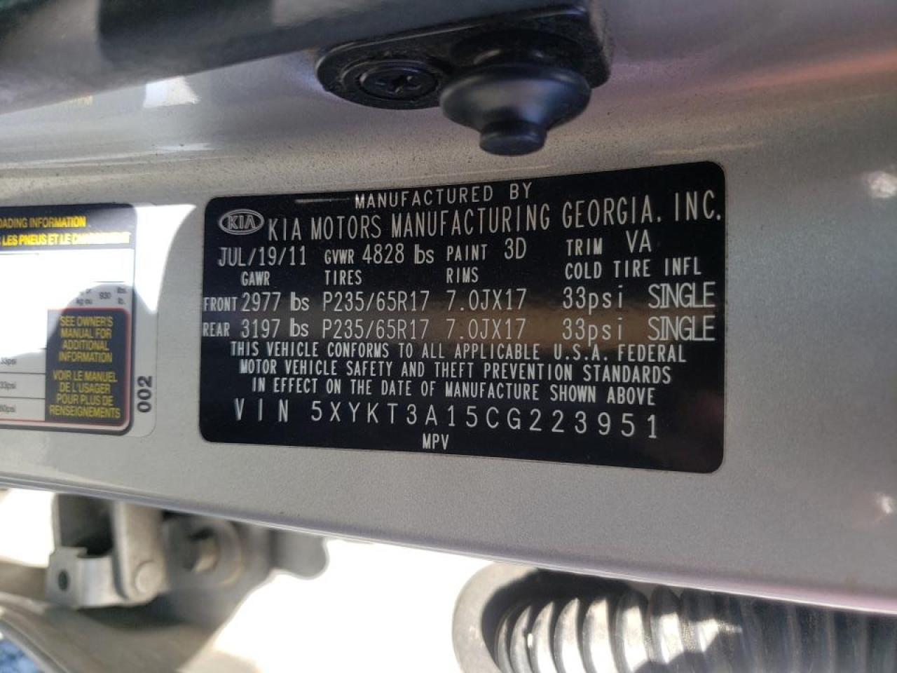 Photo 10 from auction – 2012 KIA SORENTO BA with VIN 5XYKT3A15CG223951