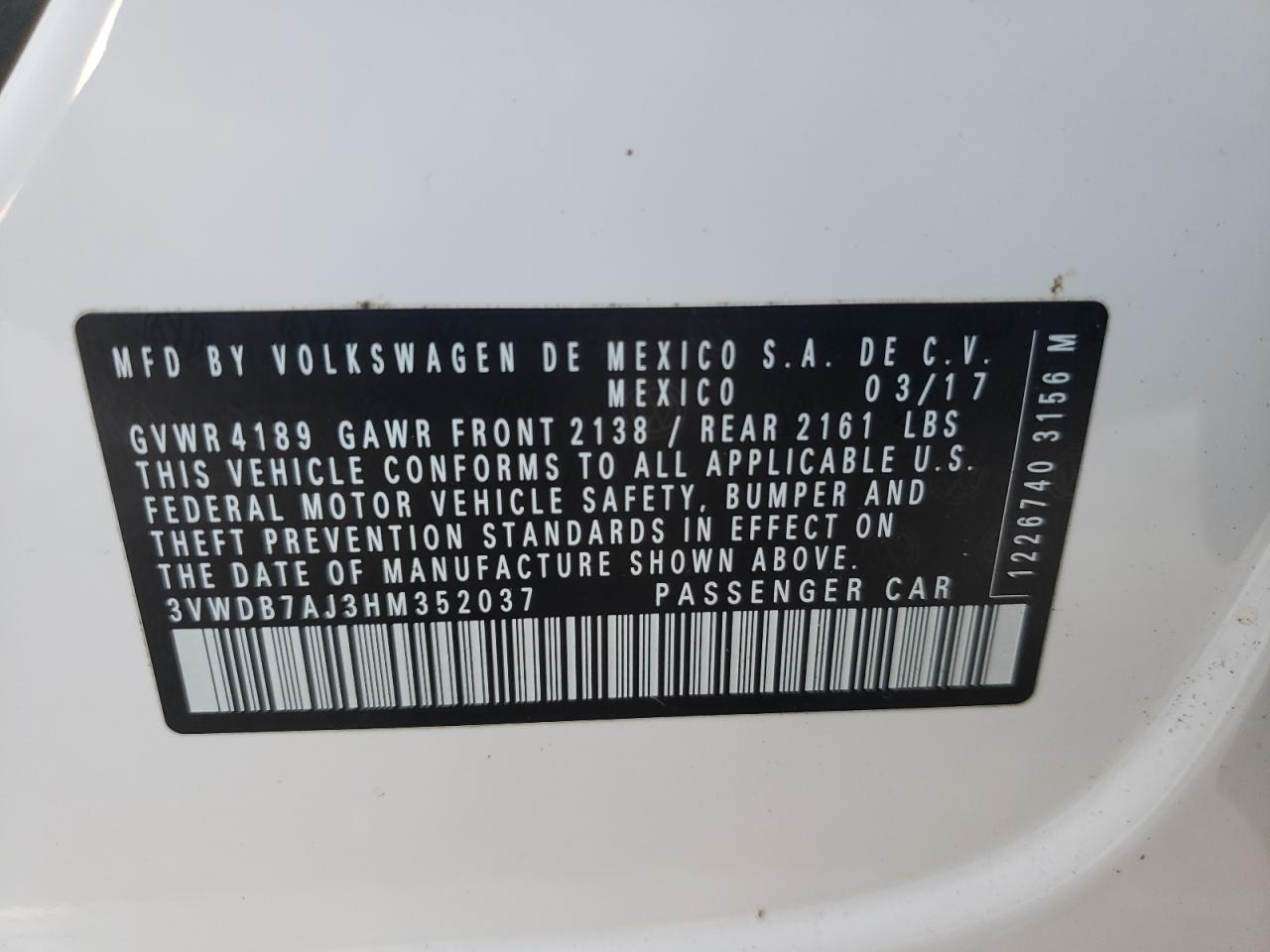 Photo 10 from auction – 2017 VOLKSWAGEN JETTA SE with VIN 3VWDB7AJ3HM352037
