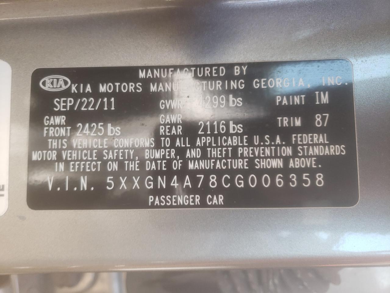 Photo 10 from auction – 2012 KIA OPTIMA EX with VIN 5XXGN4A78CG006358