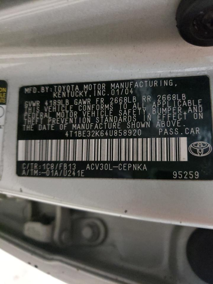 Photo 10 from auction – 2004 TOYOTA CAMRY LE with VIN 4T1BE32K64U858920