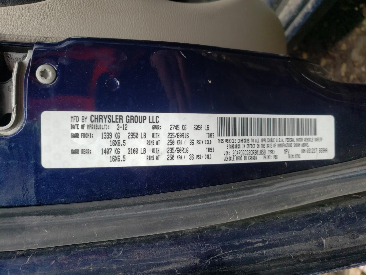 Photo 10 from auction – 2012 DODGE GRAND CARA with VIN 2C4RDGCG2CR301859
