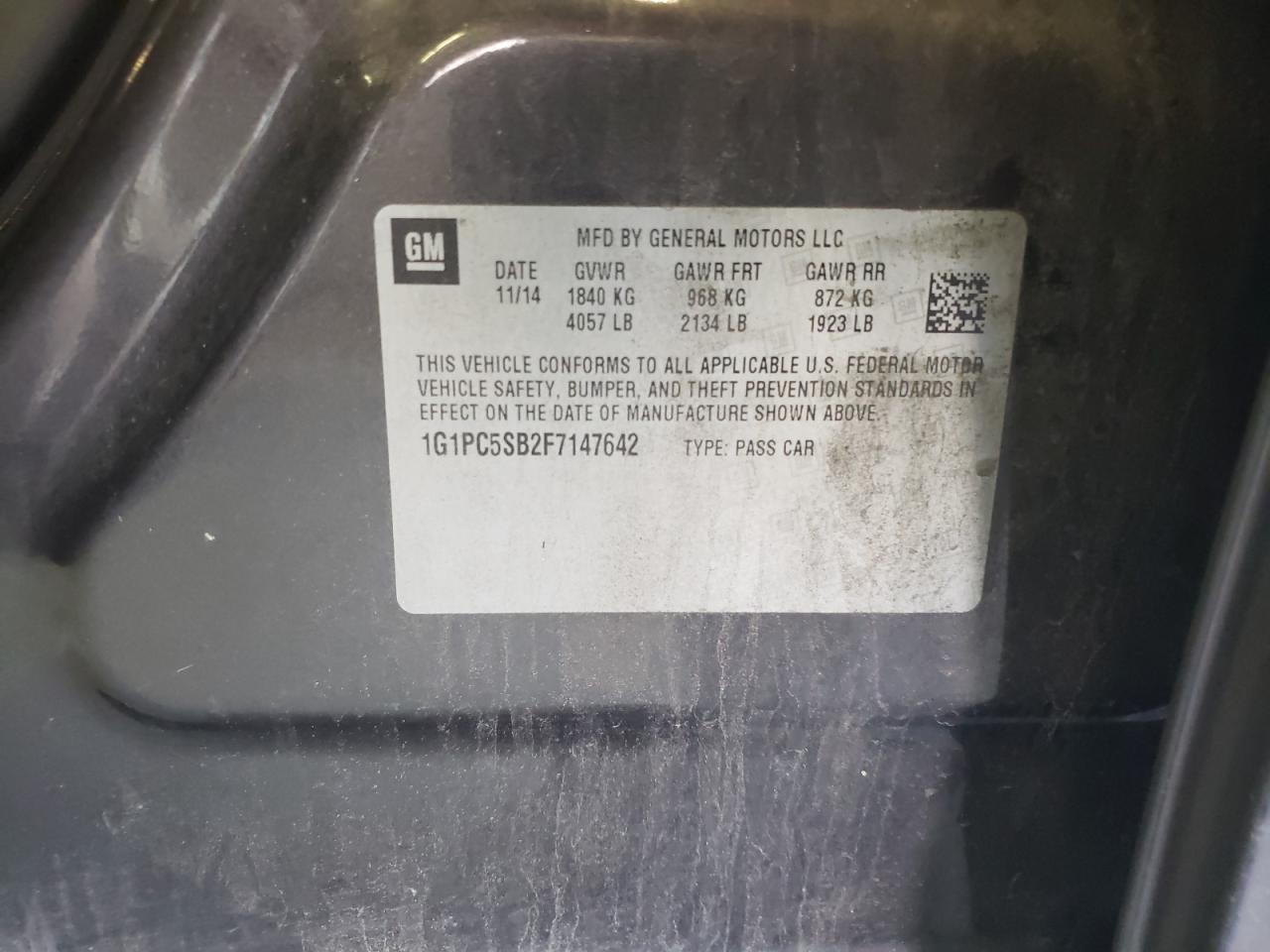 Photo 10 from auction – 2015 CHEVROLET CRUZE LT with VIN 1G1PC5SB2F7147642
