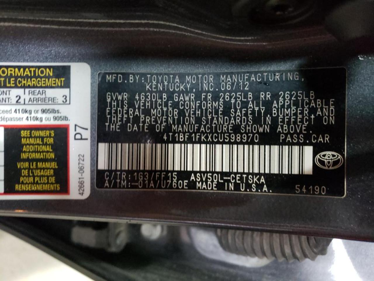 Photo 10 from auction – 2012 TOYOTA CAMRY BASE with VIN 4T1BF1FKXCU598970