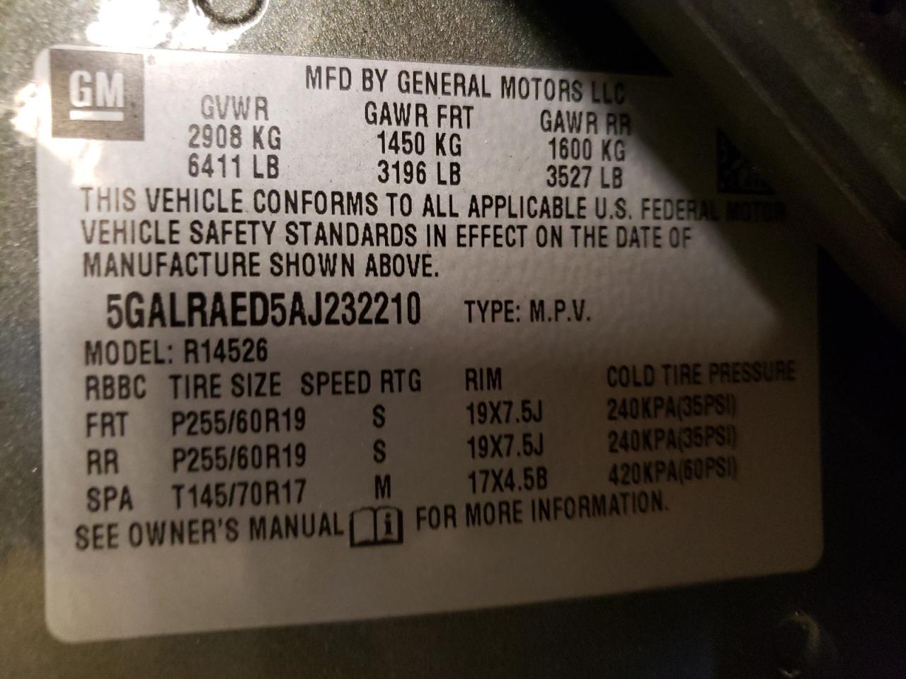 Photo 10 from auction – 2010 BUICK ENCLAVE CX with VIN 5GALRAED5AJ232210