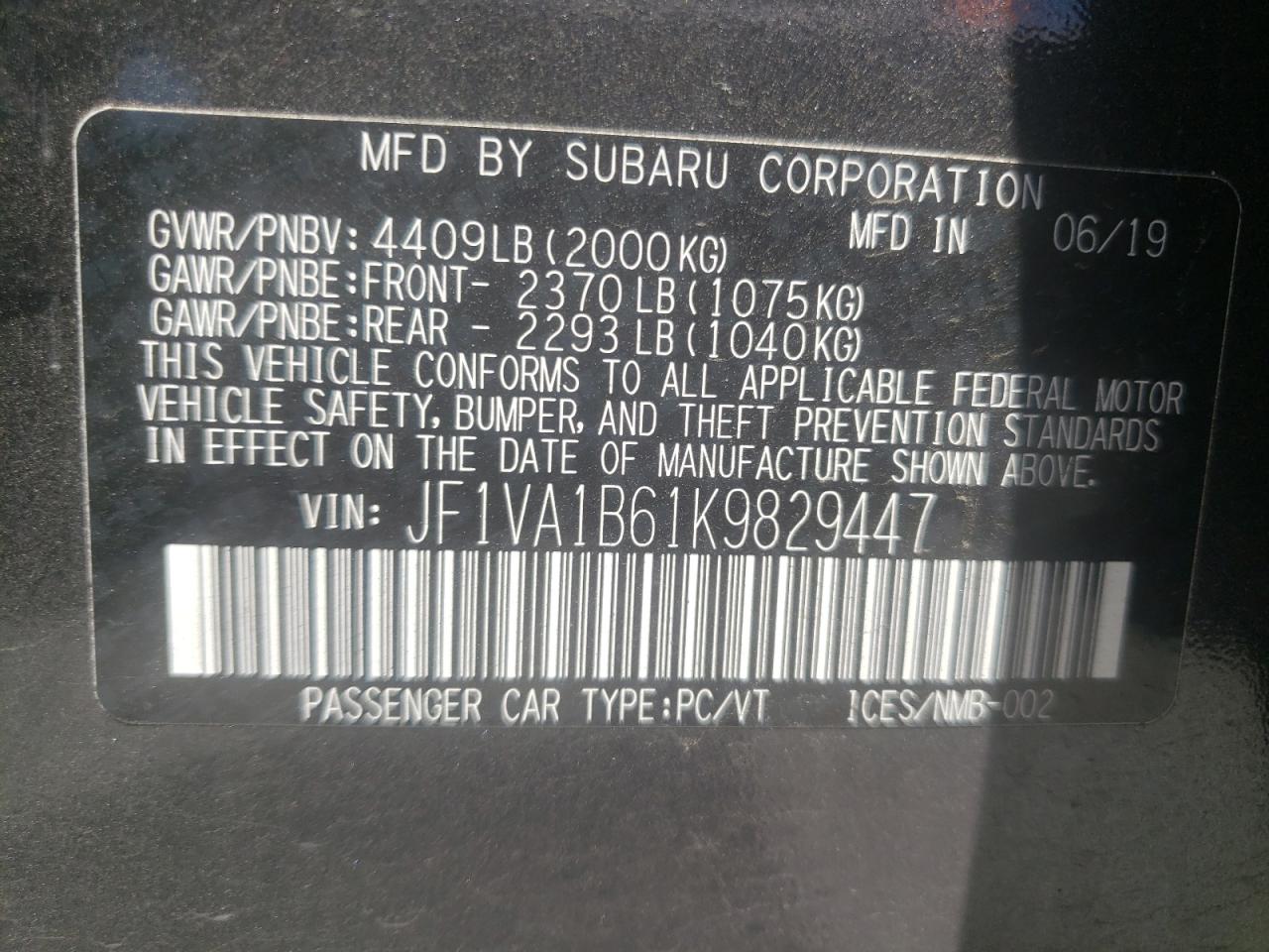 Photo 10 from auction – 2019 SUBARU WRX PREMIU with VIN JF1VA1B61K9829447