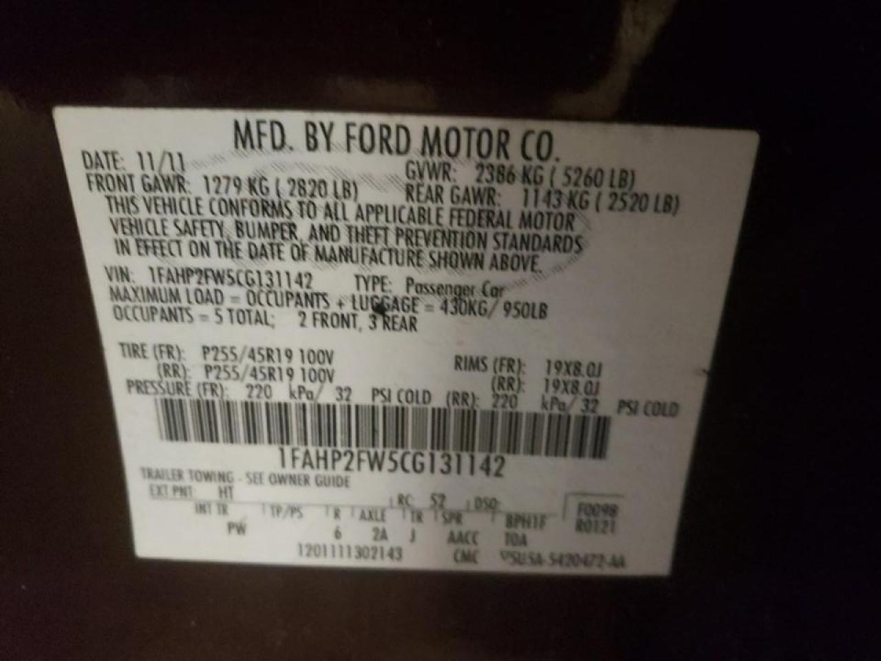 Фото 10 с аукциона – 2012 FORD TAURUS LIM с VIN 1FAHP2FW5CG131142