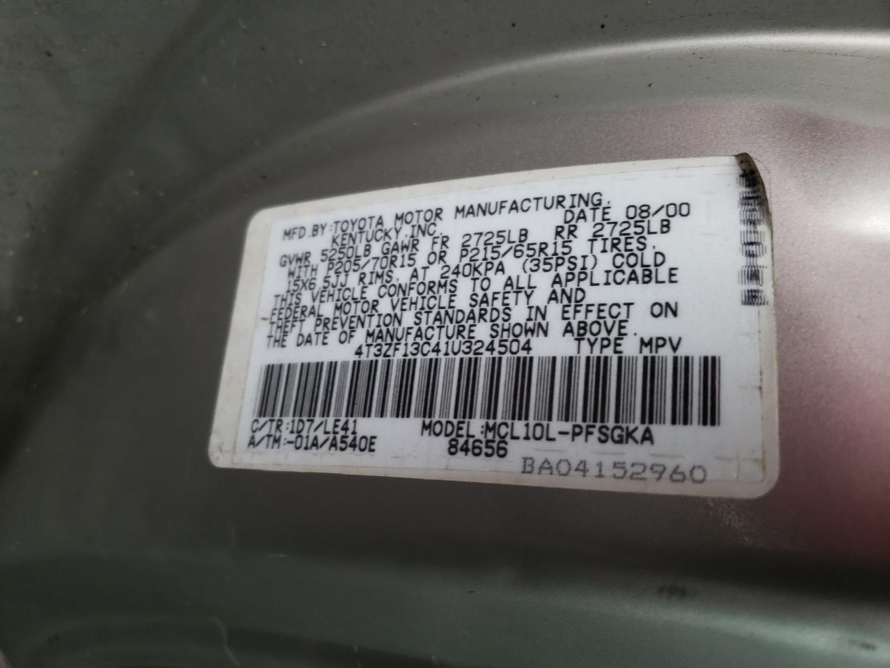 Photo 10 from auction – 2001 TOYOTA SIENNA LE with VIN 4T3ZF13C41U324504