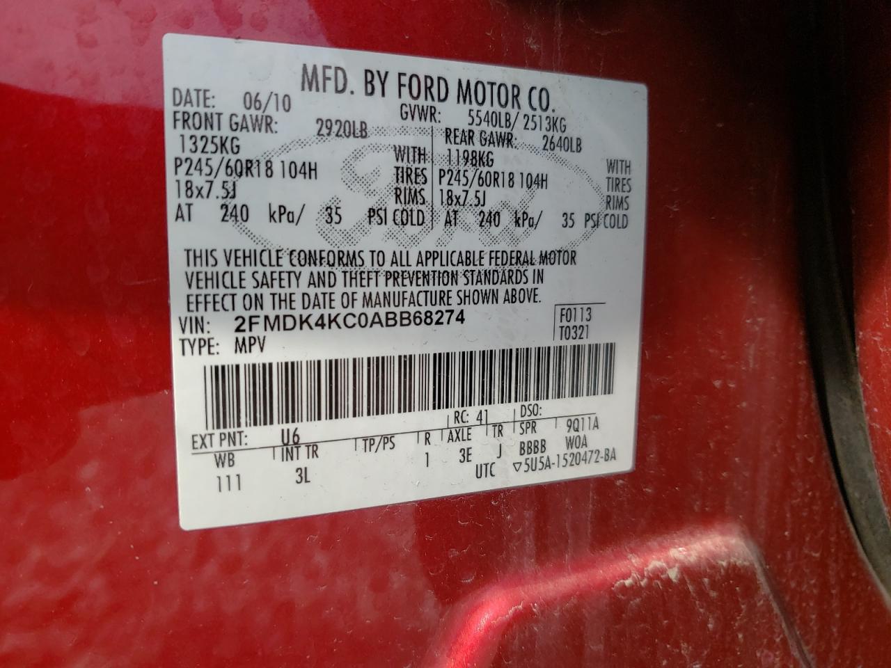 Photo 10 from auction – 2010 FORD EDGE LIMIT with VIN 2FMDK4KC0ABB68274