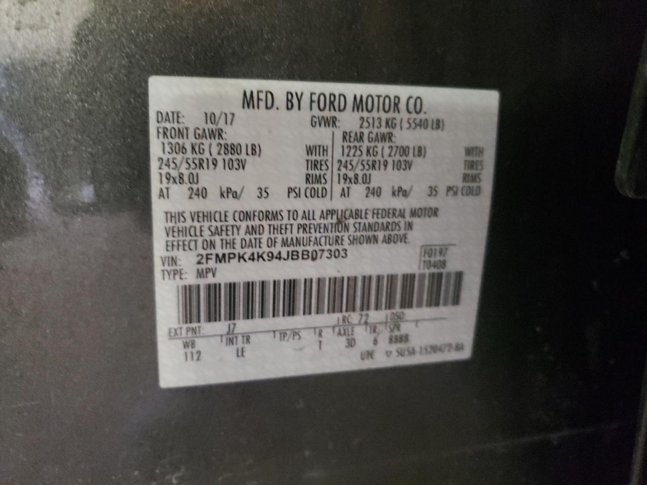 Photo 10 from auction – 2018 FORD EDGE TITAN with VIN 2FMPK4K94JBB07303