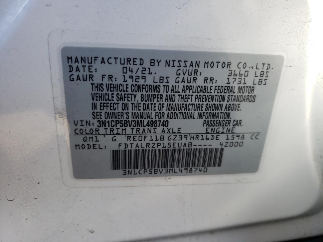 Photo 10 from auction – 2021 NISSAN KICKS S with VIN 3N1CP5BV3ML498740