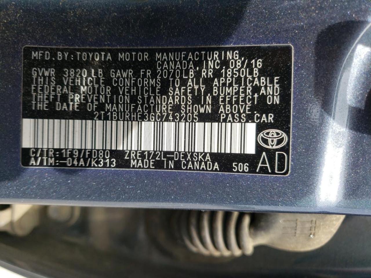 Photo 10 from auction – 2016 TOYOTA COROLLA L with VIN 2T1BURHE3GC743205