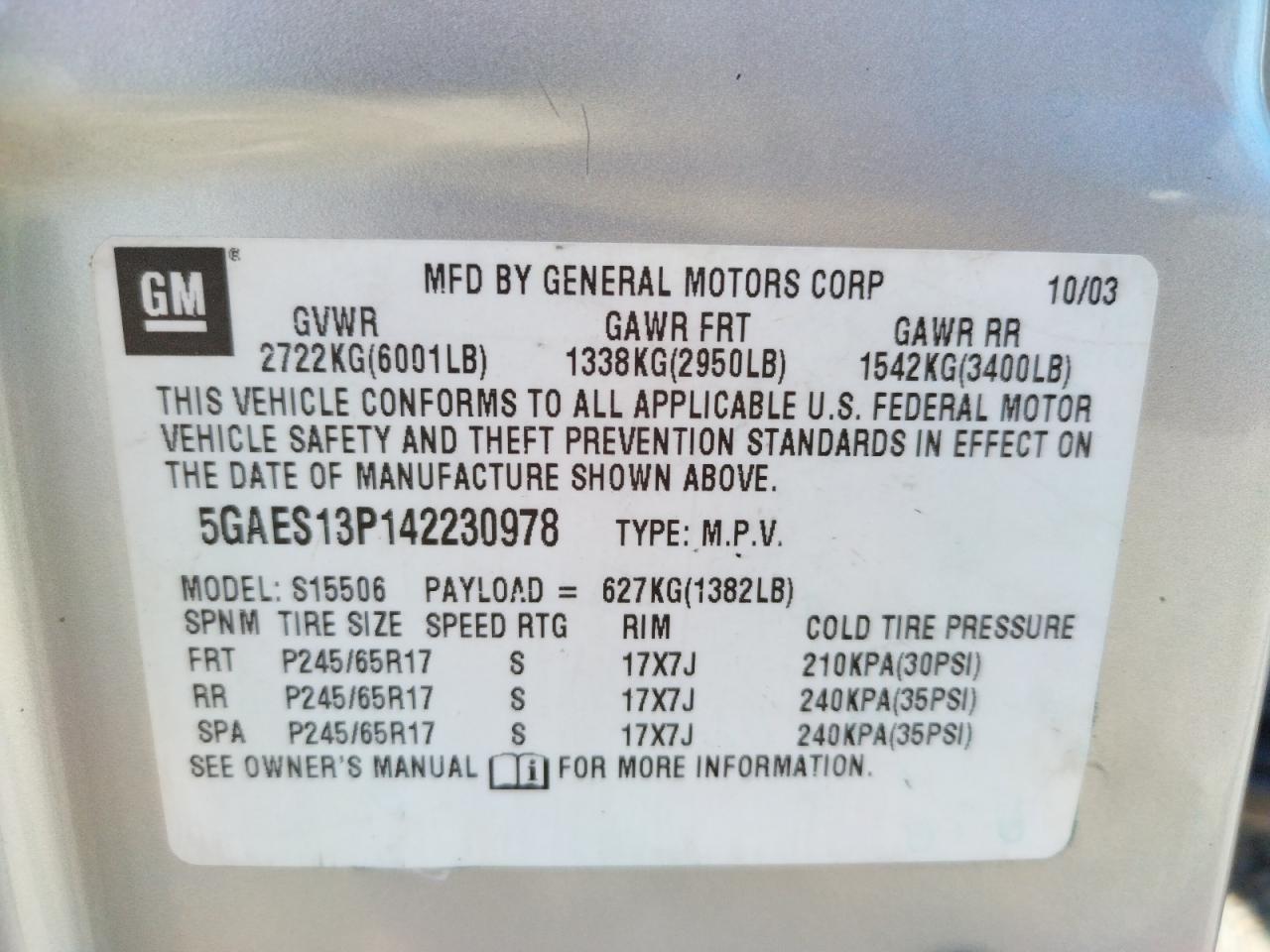 Photo 10 from auction – 2004 BUICK RAINIER CX with VIN 5GAES13P142230978