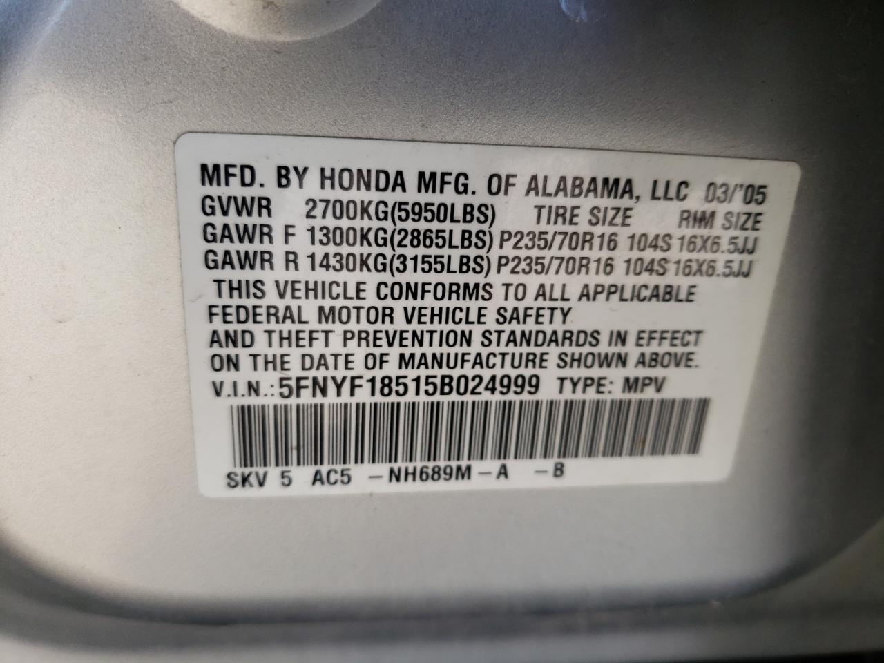 Photo 10 from auction – 2005 HONDA PILOT EXL with VIN 5FNYF18515B024999