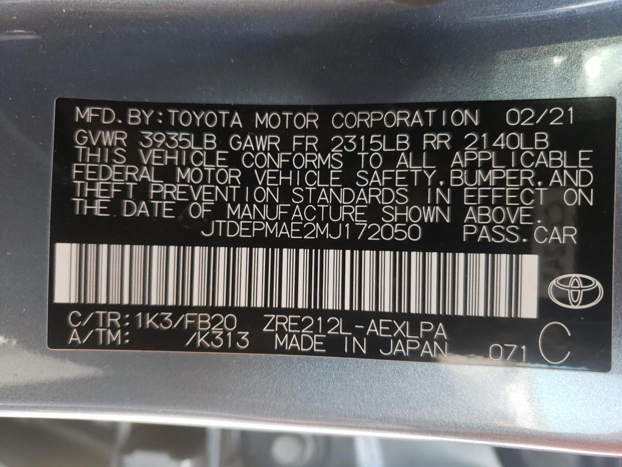 Photo 10 from auction – 2021 TOYOTA COROLLA LE with VIN JTDEPMAE2MJ172050