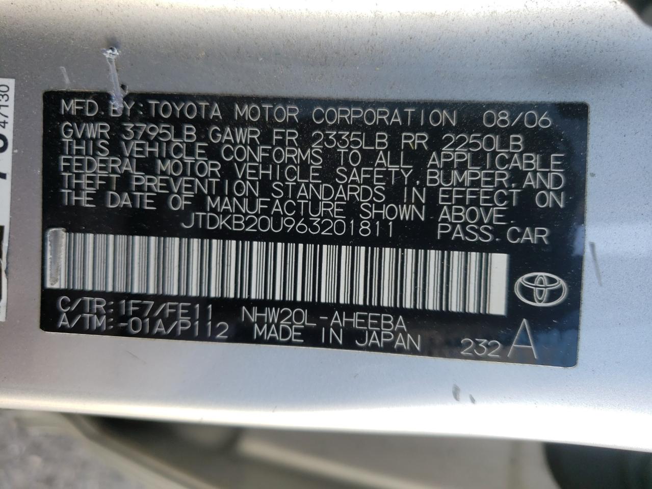Photo 10 from auction – 2006 TOYOTA PRIUS with VIN JTDKB20U963201811